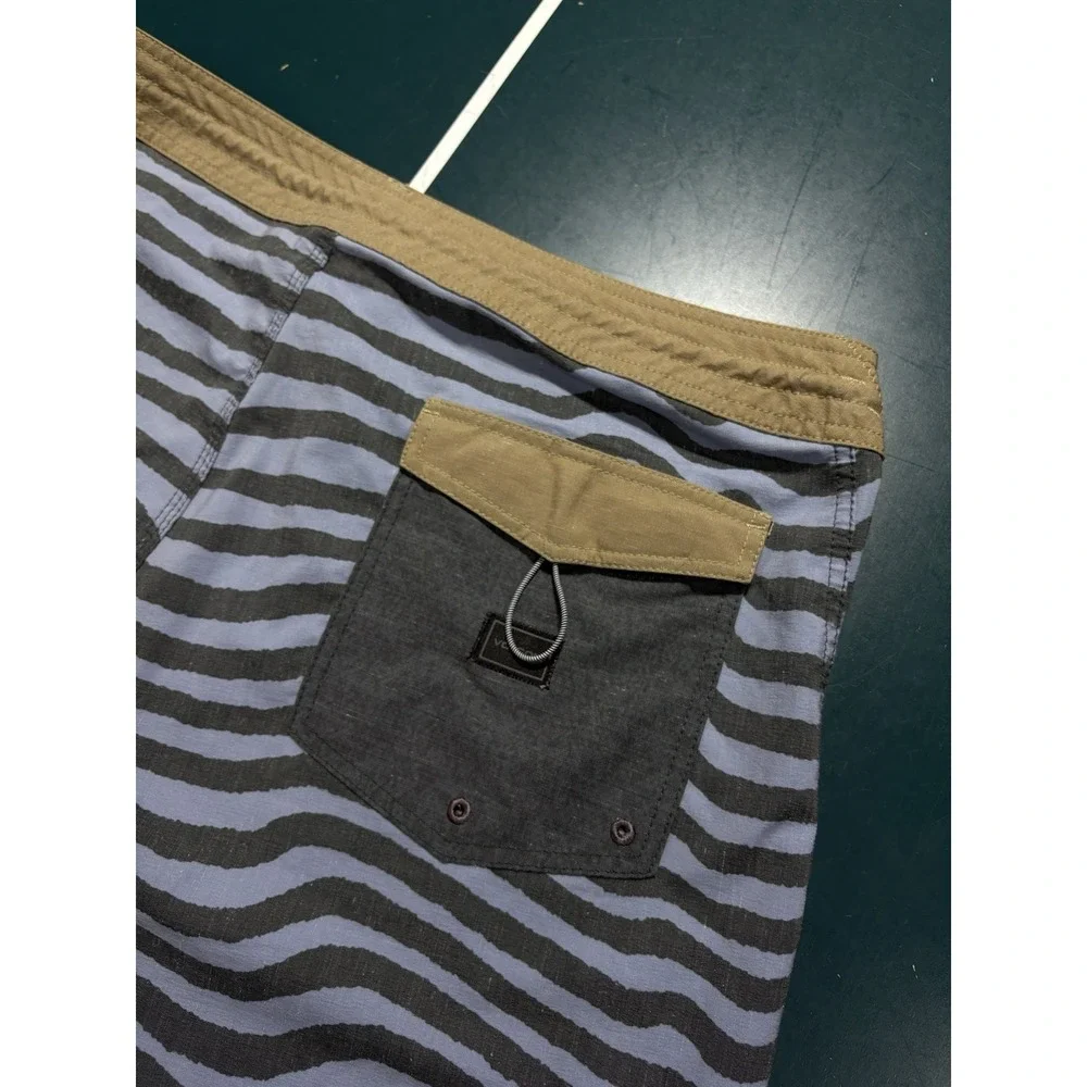 Volcom Stoneys Board Shorts Men's 36 Black Blue Striped Swim Trunks Surf Y2K